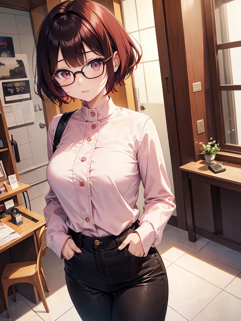In manhwa art style young adult Korean woman 24s. Her haircut is hime cut with bangs and ginger color. Her face is oval , which carry a hopefully and cool face. Her skin is radiant and clear, and her lips is red pink. Brown color eyes are captivating and beautiful. She is wearing a black pants and blue long-sleeved and glasses blouse while inside his photographic studio