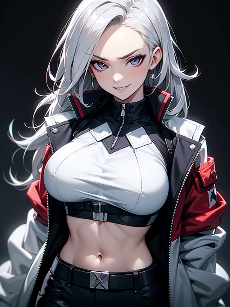 ((Portrait Photo)), She has a Mischievous and Youthful Appearance, with a Slender Build, Pale Skin and a Huge Breasts. She Expresses a Cheerful and Energetic Look, Giving Off a Smug and Lively Attitude. She has Light Gray Eyes, and Her Hair is Long, Silvery-White, and Tousled, with Bare Forehead. She Wears an Oversized, Open Bomber-Style Jacket, with a White Top, Revealing Her Midriff. ((Portrait Photo, HDR, Dark Background))