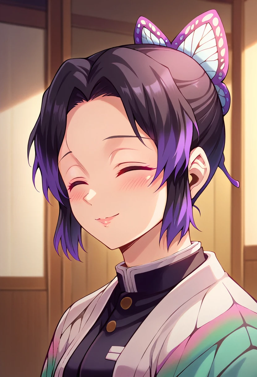 EFT_Shinobu, 1girl, demon slayer uniform, kochou shinobu, butterfly hair ornament, solo, hair ornament, purple hair, multicolored hair, black hair, , smile, haori,  japanese clothes,  gradient hair,  short hair, jacket, bangs, parted bangs, black jacket, , room, indoors, blush, head up, looking up, neck, swallow, swallowing, closed eyes, side, on side,