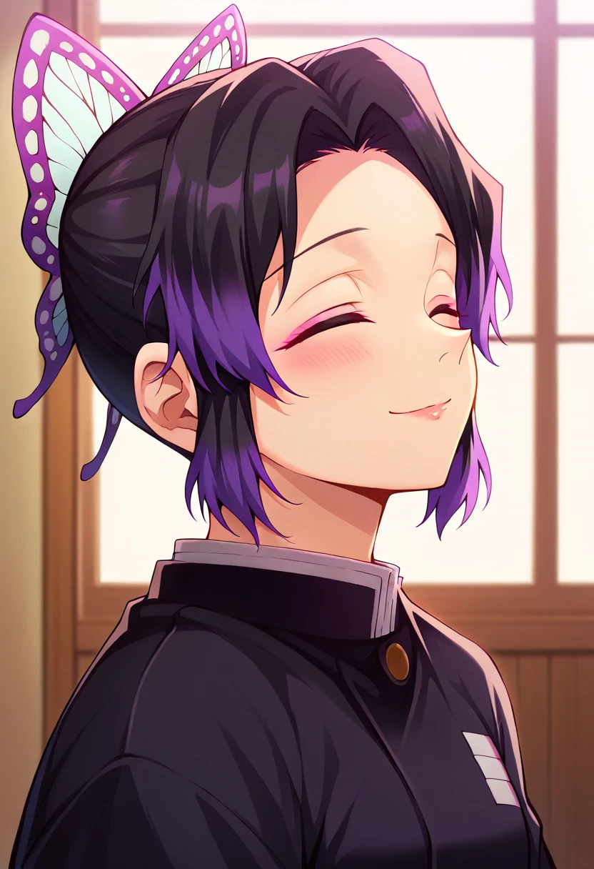 EFT_Shinobu, 1girl, demon slayer uniform, kochou shinobu, butterfly hair ornament, solo, hair ornament, purple hair, multicolored hair, black hair, , smile, haori,  japanese clothes,  gradient hair,  short hair, jacket, bangs, parted bangs, black jacket, , room, indoors, blush, head up, looking up, neck, swallow, swallowing, closed eyes, side, on side,