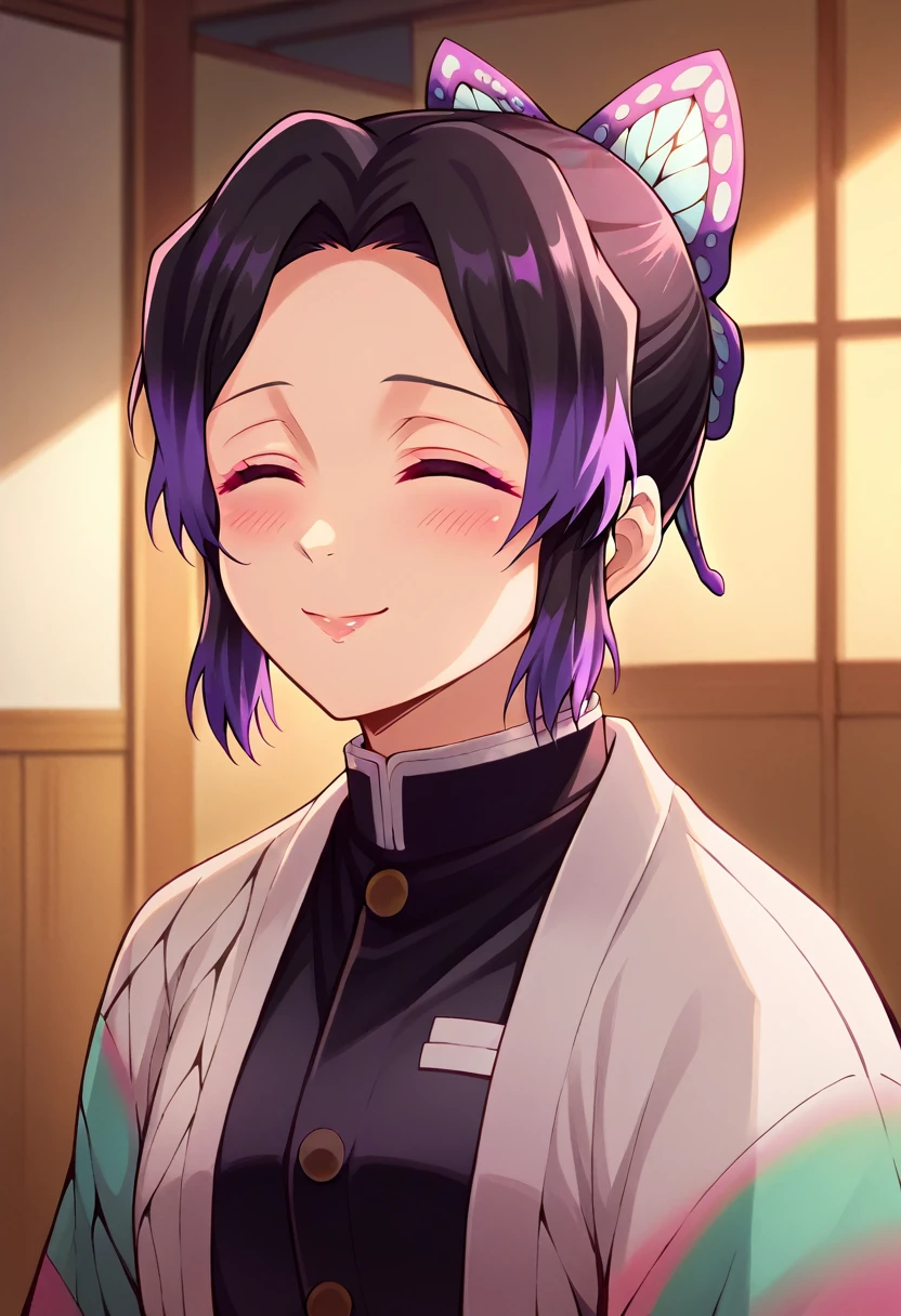 EFT_Shinobu, 1girl, demon slayer uniform, kochou shinobu, butterfly hair ornament, solo, hair ornament, purple hair, multicolored hair, black hair, , smile, haori,  japanese clothes,  gradient hair,  short hair, jacket, bangs, parted bangs, black jacket, , room, indoors, blush, head up, looking up, neck, swallow, swallowing, closed eyes, side, on side,