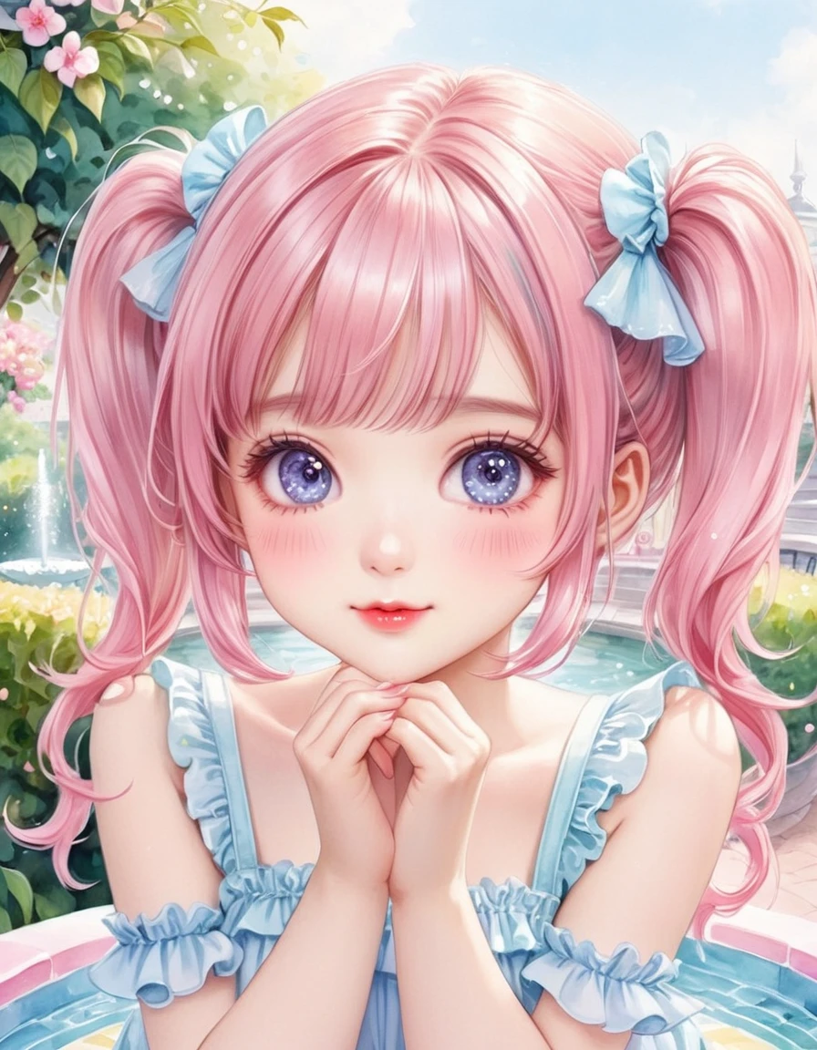 (watercolor:1.2), (close up face), best quality, masterpiece, extremely cute and tender girl, cute pose, sweet smile, (petite), beautiful tender eyes symmetrical, (beautiful and detailed face), beautiful long twintail hair, (pastel pink hair:1.3), blunt bangs, nice hands, perfect hands, (summer fountain terrace:1.3), sweet cake-inspired motif frilly sundress, a lot of frills, frilly sleeves, kawaiitech, pastel colors, kawaii, cute colors