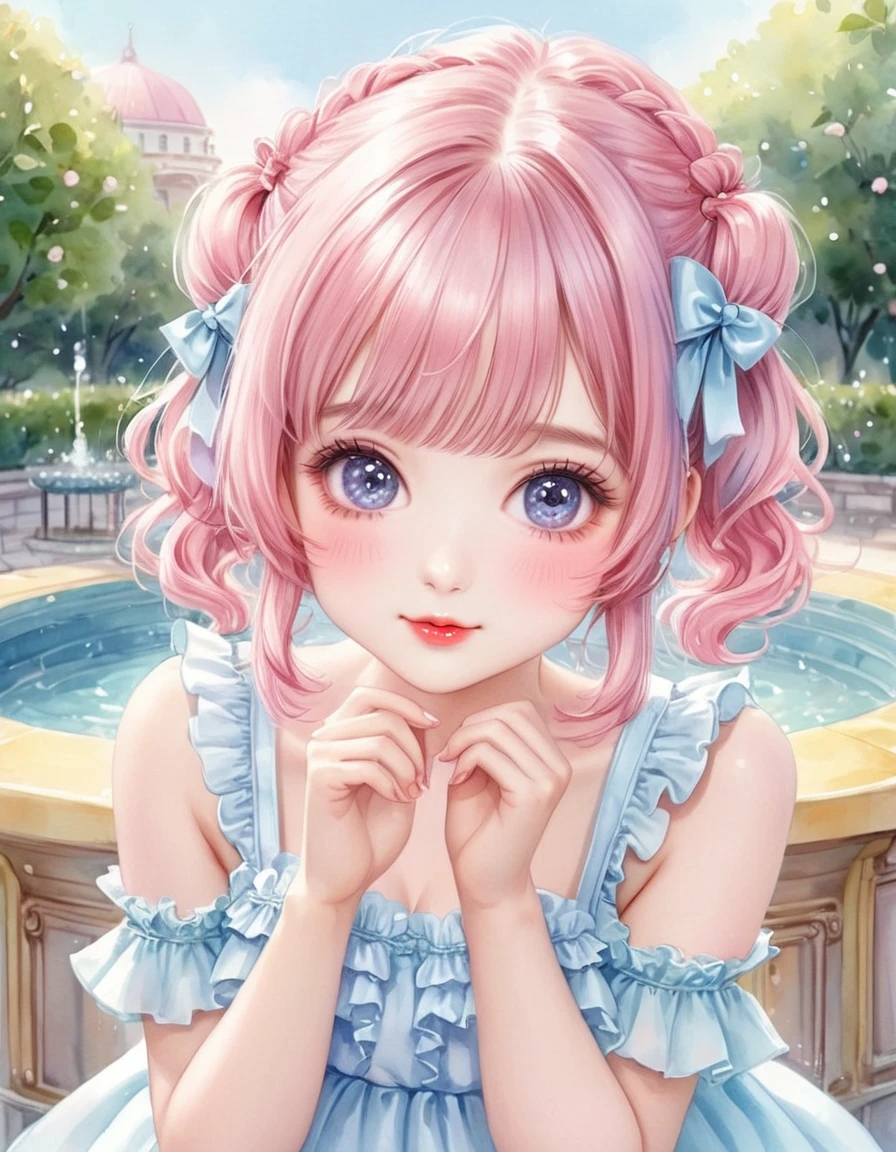 (watercolor:1.2), (close up face), best quality, masterpiece, extremely cute and tender girl, cute pose, sweet smile, (petite), beautiful tender eyes symmetrical, (beautiful and detailed face), beautiful long twintail hair, (pastel pink hair:1.3), blunt bangs, nice hands, perfect hands, (summer fountain terrace:1.3), sweet cake-inspired motif frilly sundress, a lot of frills, frilly sleeves, kawaiitech, pastel colors, kawaii, cute colors