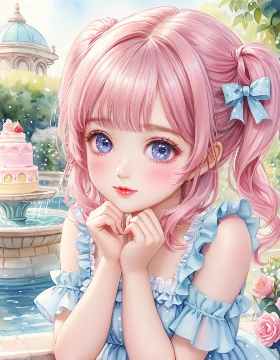 (watercolor:1.2), (close up face), best quality, masterpiece, extremely cute and tender girl, cute pose, sweet smile, (petite), beautiful tender eyes symmetrical, (beautiful and detailed face), beautiful long twintail hair, (pastel pink hair:1.3), blunt bangs, nice hands, perfect hands, (summer fountain terrace:1.3), sweet cake-inspired motif frilly sundress, a lot of frills, frilly sleeves, kawaiitech, pastel colors, kawaii, cute colors