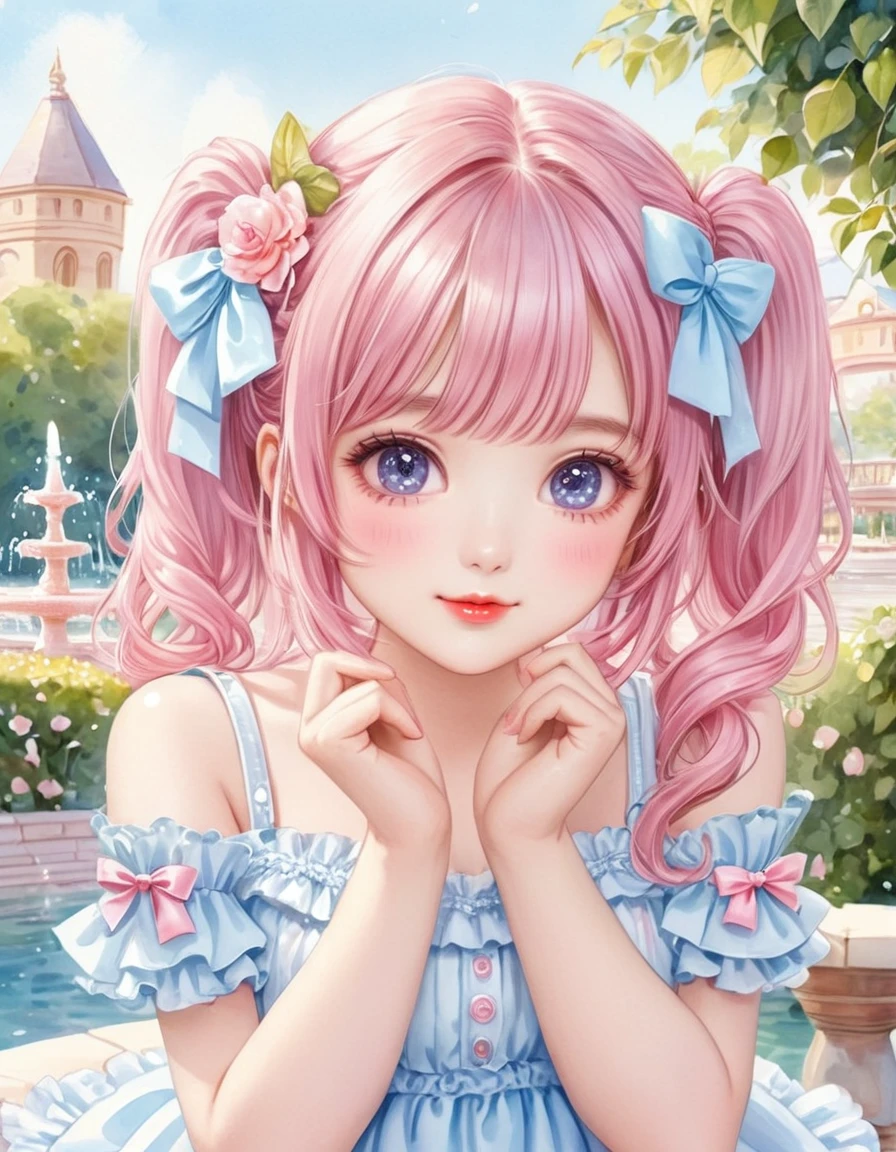 (watercolor:1.2), (close up face), best quality, masterpiece, extremely cute and tender girl, cute pose, sweet smile, (petite), beautiful tender eyes symmetrical, (beautiful and detailed face), beautiful long twintail hair, (pastel pink hair:1.3), blunt bangs, nice hands, perfect hands, (summer fountain terrace:1.3), sweet cake-inspired motif frilly sundress, a lot of frills, frilly sleeves, kawaiitech, pastel colors, kawaii, cute colors