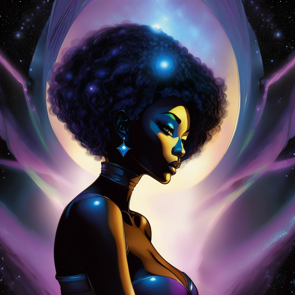 Obra maestra, 32k, Ultra Resolution, Best image resolution, Stunning illustration depicting a black woman's inner universe, mostrando sus pensamientos, Emotions and dreams in a surreal and magical landscape. Use vivid colors and meaningful symbols to reflect the complexity of the human mind. Blue colours