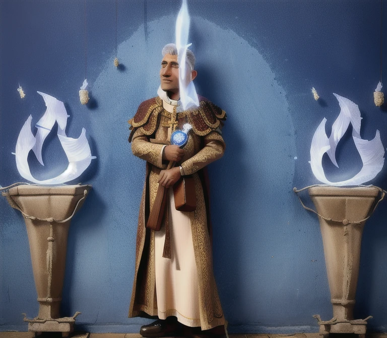 one men, may, priest, holding an epée, the color of the man's cloak is red, two brazier next to the man in the background wall of a temple human skulls and candles.