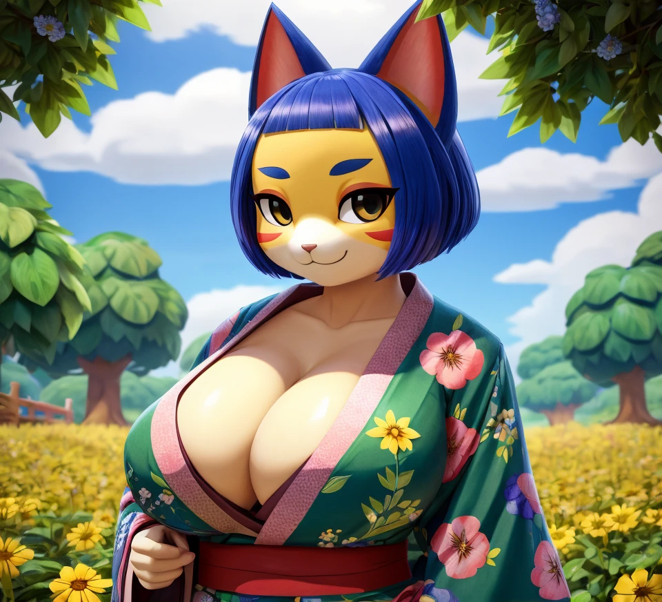 (best quality,4k,8k,highres,masterpiece:1.2),animal crossing,nature background,flower field,lush foliage,kimono,big breasts,cleavage,smiling,cat girl