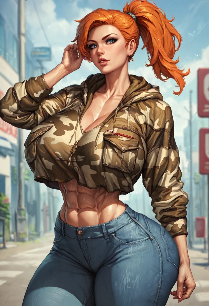 1girl, solo, masterpiece, best quality, detailed, narrow waist, wide hips, huge breasts, huge ass, score_9, score_8_up, score_7_up, pants, camouflage hoodie, orange hair, ponytail, abs