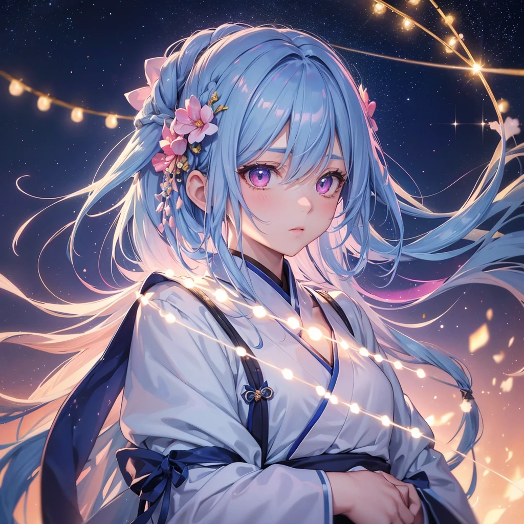 Sky blue hair,braid,(Pink Eyes),Fair skin ,(whole body),(One girl),Hanfu,Tanabata,(The beautiful, sparkling Milky Way in the night sky),Lonely Eyes,,(masterpiece, Highest quality, Very detailed, Best Shadow), (Detailed Background), (Beautifully detailed face), High Contrast, (Best lighting, Very delicate and beautiful), ((Cinematic Light)), colorful, Hyper Detail, Dramatic Light, Intricate details,