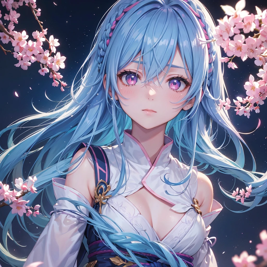 Sky blue hair,braid,(Pink Eyes),Fair skin ,(whole body),(One girl),Hanfu,Tanabata,(The beautiful, sparkling Milky Way in the night sky),Lonely Eyes,,(masterpiece, Highest quality, Very detailed, Best Shadow), (Detailed Background), (Beautifully detailed face), High Contrast, (Best lighting, Very delicate and beautiful), ((Cinematic Light)), colorful, Hyper Detail, Dramatic Light, Intricate details,