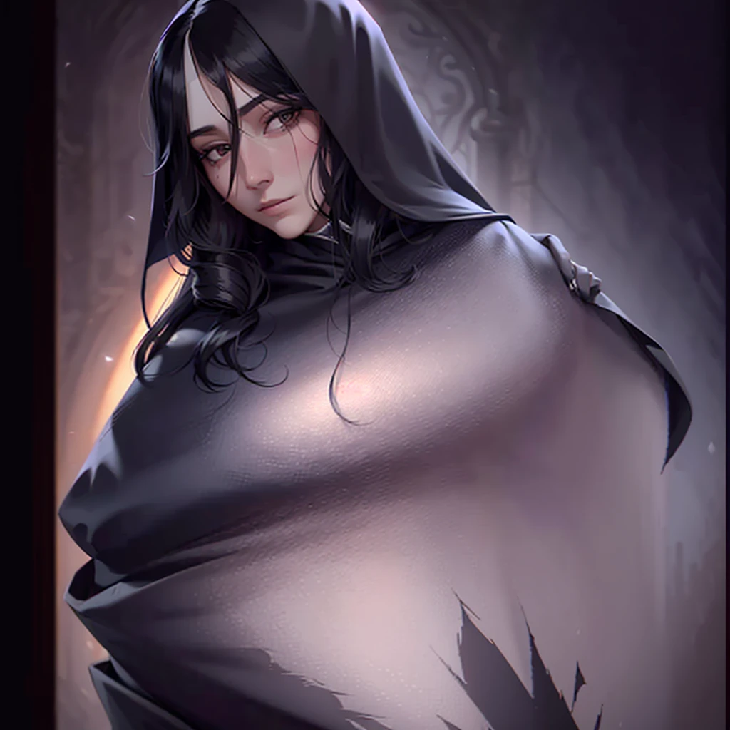 Beautiful lady, with black long hair, nun, scratches on face, Black Closed Clothing, Large cloak, costs