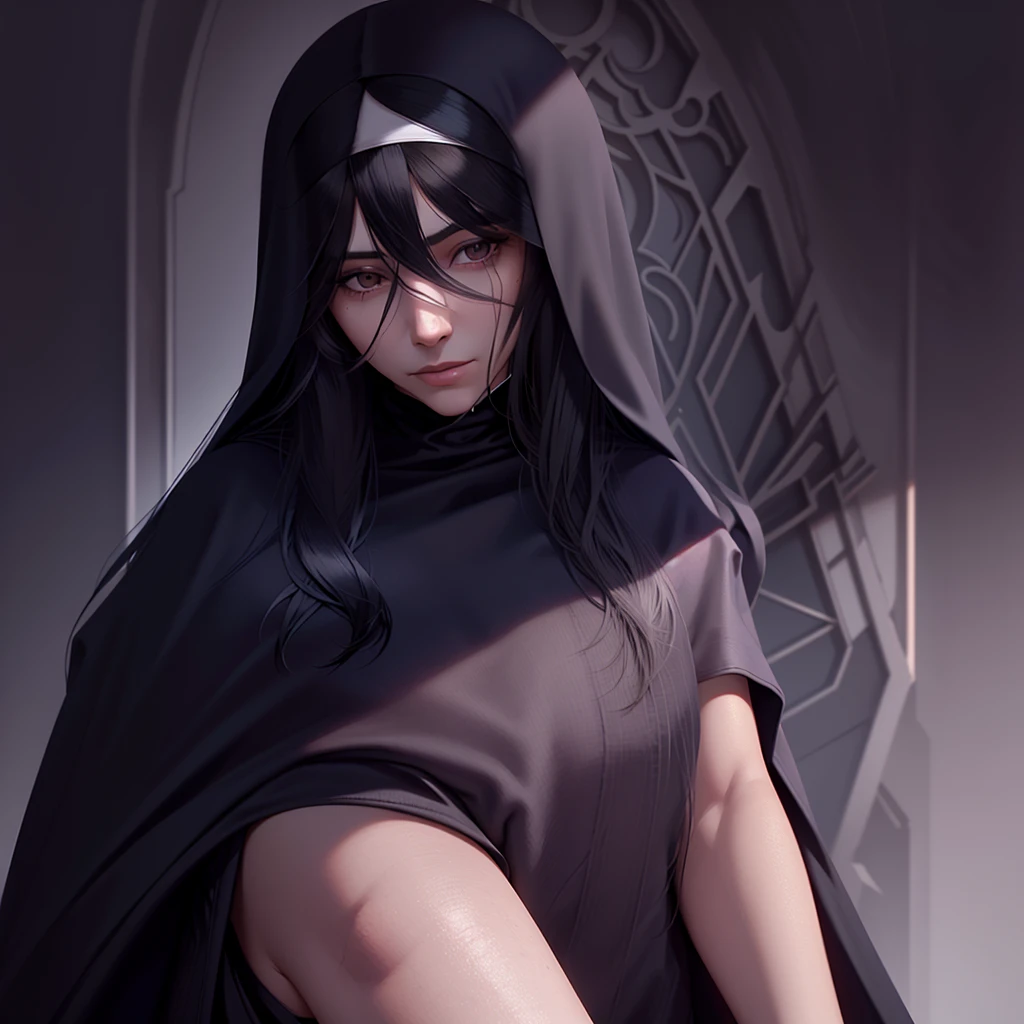 Beautiful lady, with black long hair, nun, scratches on face, Black Closed Clothing, Large cloak, costs