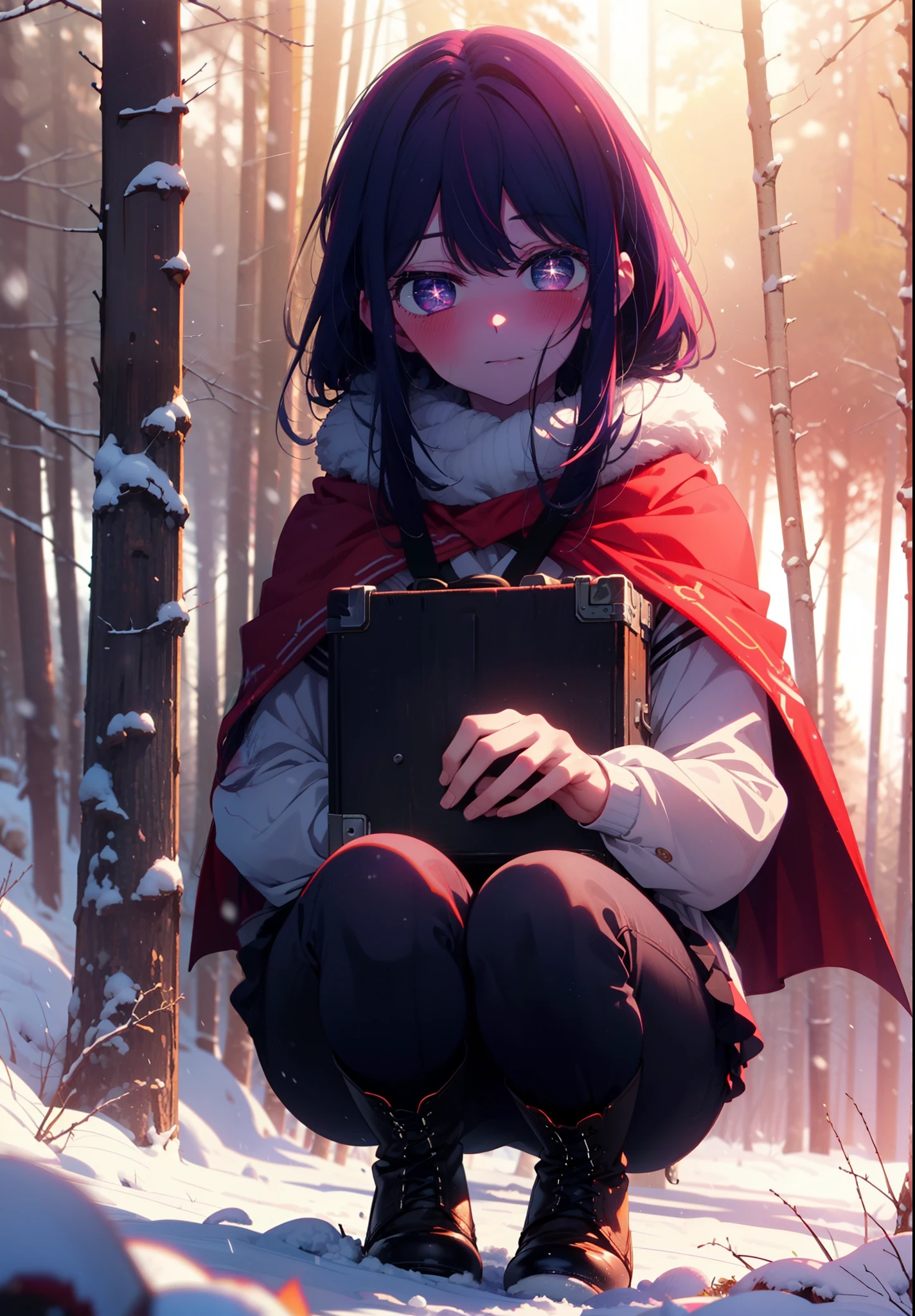 aihoshino, Ai Hoshino, Long Hair, bangs, (Purple eyes:1.1), Purple Hair, (Symbol-shaped pupil:1.5), smile,,smile,blush,White Breath,
Open your mouth,snow,Ground bonfire, Outdoor, boots, snowing, From the side, wood, suitcase, Cape, Blurred, , forest, White handbag, nature, Squat, Mouth closed, Cape, winter, Written boundary depth, Black shoes, red Cape break looking at viewer, Upper Body, whole body, break Outdoor, forest, nature, break (masterpiece:1.2), Highest quality, High resolution, unity 8k wallpaper, (shape:0.8), (Beautiful and beautiful eyes:1.6), Highly detailed face, Perfect lighting, Highly detailed CG, (Perfect hands, Perfect Anatomy),