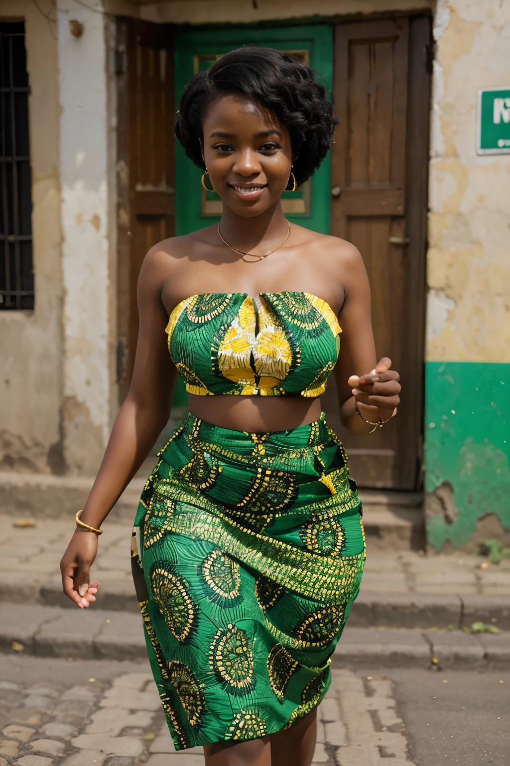 Create an image of a 23-year-old African woman, exuding happiness, dressed in a beautiful green ankara, she should be very thick and realistic . She should be walking down a street with the confidence and grace of a fashionista. The scene should be simple and capture her African heritage, reflecting her Kenyan background.