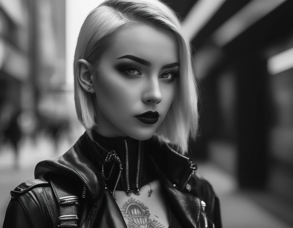 A candid portrait of a future girl, Cyberpunk urban photography , Inspired by futuristic leather fashion, tattoo and dark gothic。(Best quality,4K,8K,A high resolution,Masterpiece:1.2), (Realistic,Photorealistic,photo-realistic:1.37), black and white.