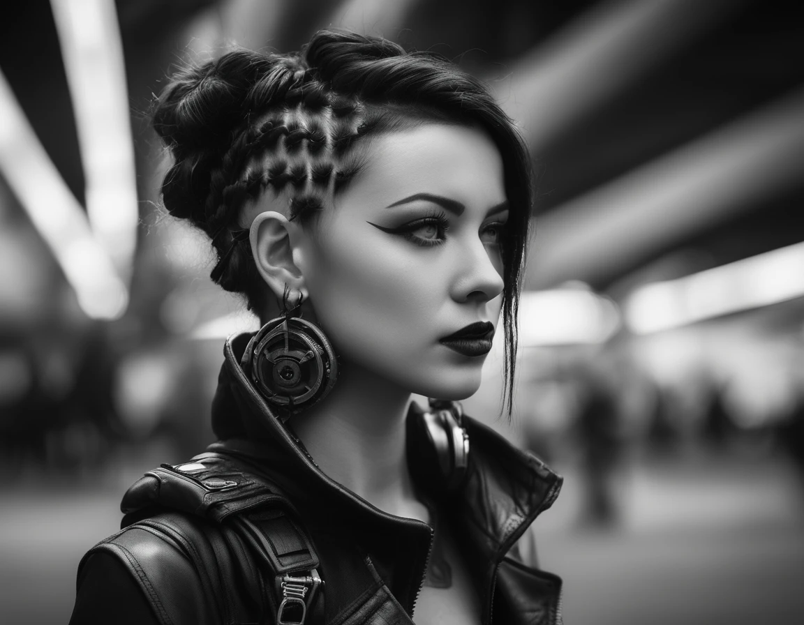 A candid portrait of a future girl, Cyberpunk urban photography , Inspired by futuristic leather fashion, tattoo and dark gothic。(Best quality,4K,8K,A high resolution,Masterpiece:1.2), (Realistic,Photorealistic,photo-realistic:1.37), black and white.