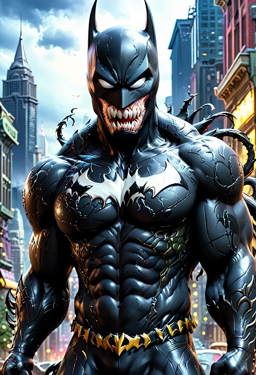 make batman and venom fused with lots of details, detailed language, detailed look, detailed muscular body, gothan city scenery