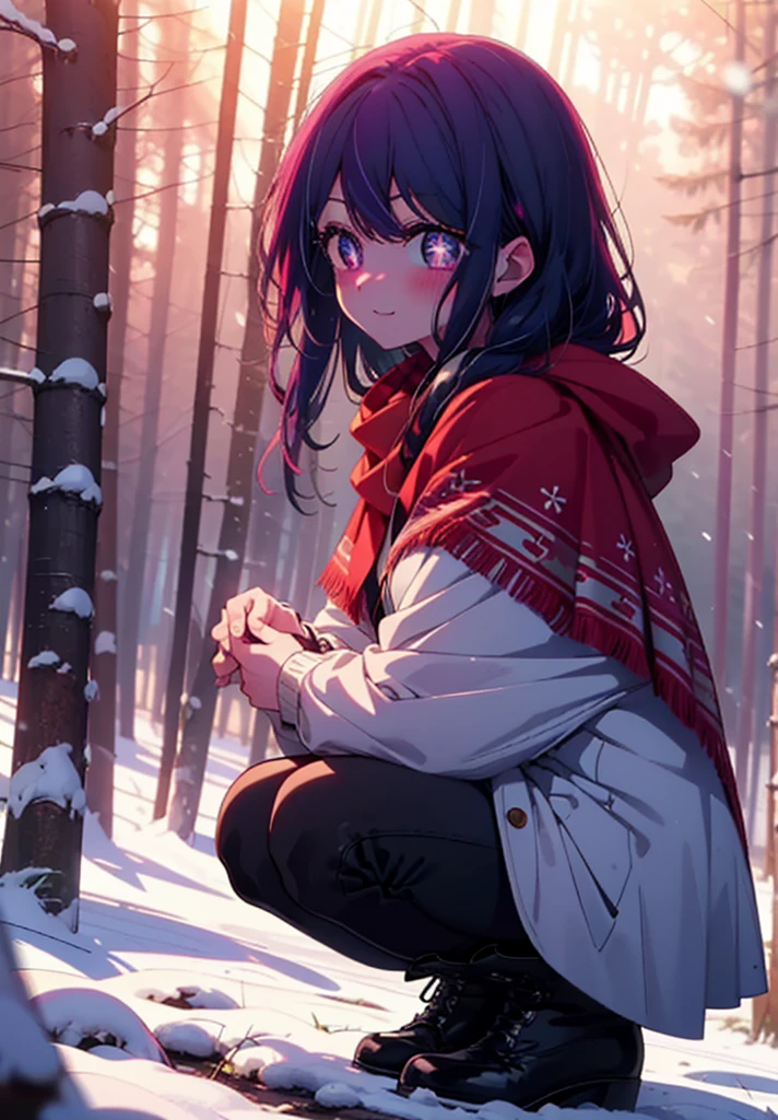 aihoshino, Ai Hoshino, Long Hair, bangs, (Purple eyes:1.1), Purple Hair, (Symbol-shaped pupil:1.5), smile,,smile,blush,White Breath,
Open your mouth,snow,Ground bonfire, Outdoor, boots, snowing, From the side, wood, suitcase, Cape, Blurred, , forest, White handbag, nature, Squat, Mouth closed, Cape, winter, Written boundary depth, Black shoes, red Cape break looking at viewer, Upper Body, whole body, break Outdoor, forest, nature, break (masterpiece:1.2), Highest quality, High resolution, unity 8k wallpaper, (shape:0.8), (Beautiful and beautiful eyes:1.6), Highly detailed face, Perfect lighting, Highly detailed CG, (Perfect hands, Perfect Anatomy),