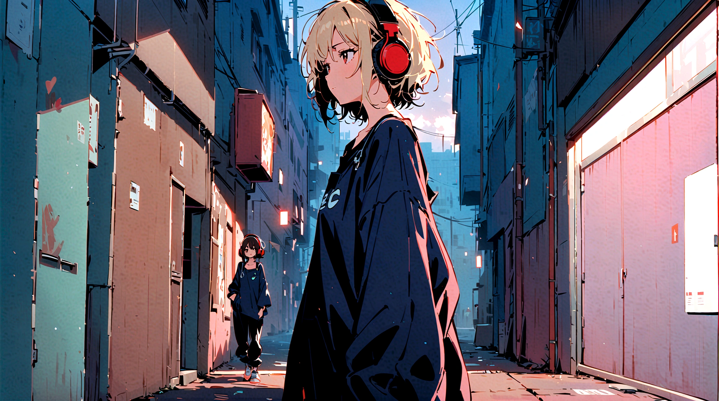 A painting of a woman standing in an alley, Overall dark atmosphere, Wearing headphones, Black Hair, Dark Eyes, Medium Short, Tired look, Oversized clothes,