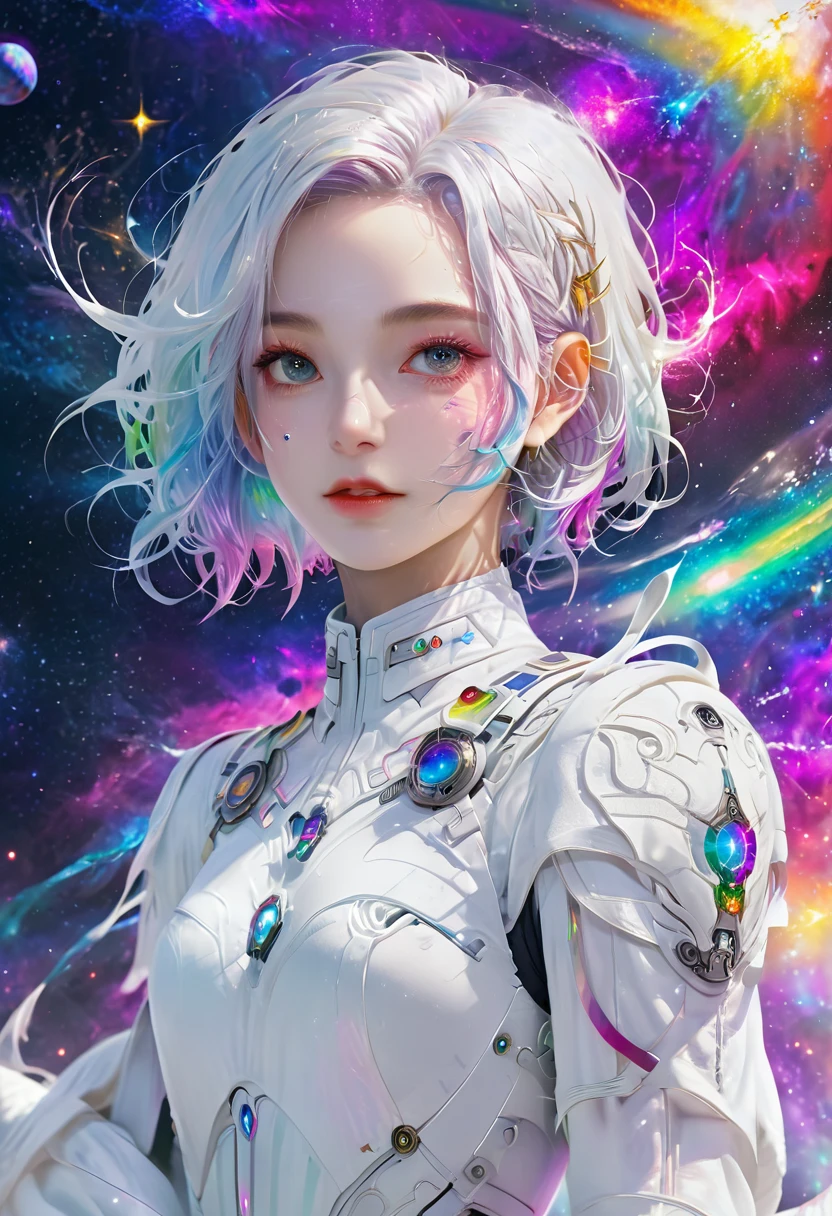 1 girl, rainbow colored hair,White exquisite armor, Rainbow colored cosmic nebula background, Star, galaxy, intricate details, White skin,masterpiece, best quality, current, Floating happily in space, luminescent, luminescent