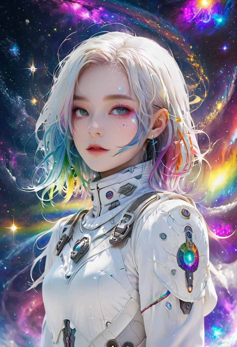 1 girl, rainbow colored hair,White exquisite armor, Rainbow colored cosmic nebula background, Star, galaxy, intricate details, White skin,masterpiece, best quality, current, Floating happily in space, luminescent, luminescent