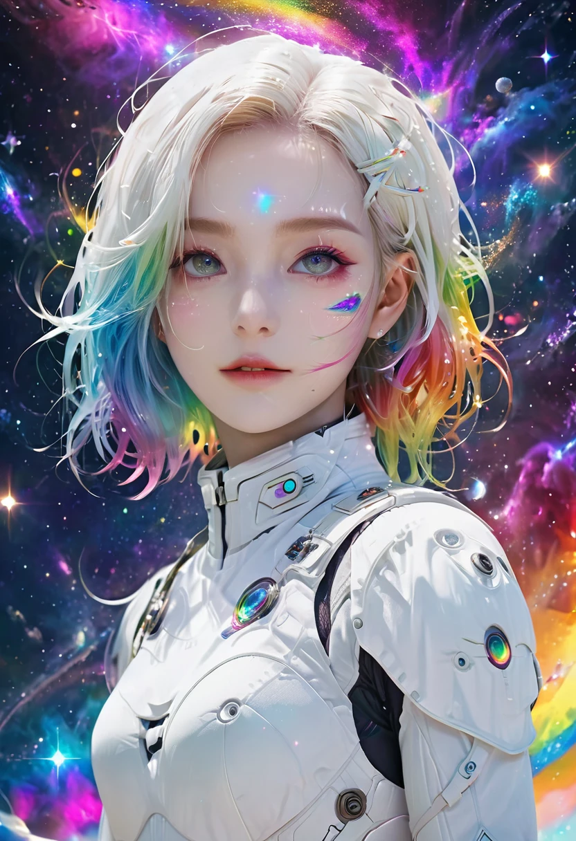 1 girl, rainbow colored hair,White exquisite armor, Rainbow colored cosmic nebula background, Star, galaxy, intricate details, White skin,masterpiece, best quality, current, Floating happily in space, luminescent, luminescent