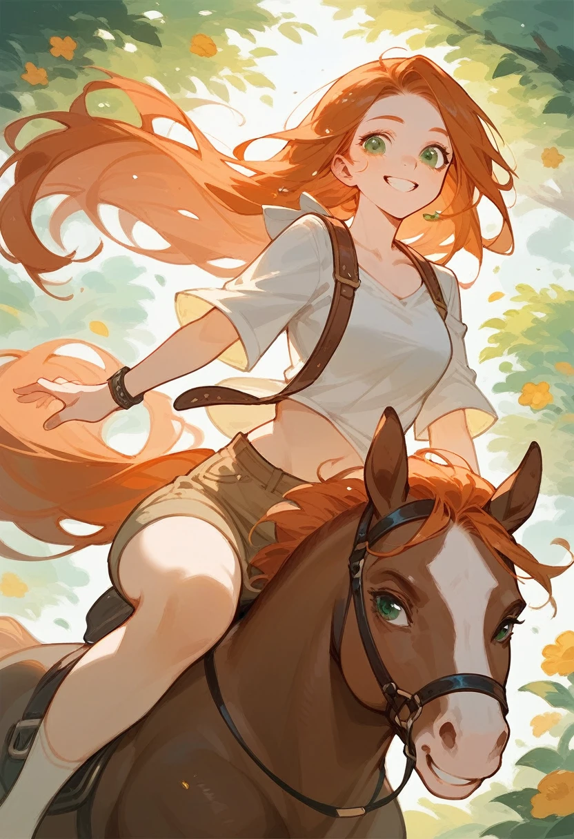 Girl riding a horse, smiling, ginger hair, green eyes