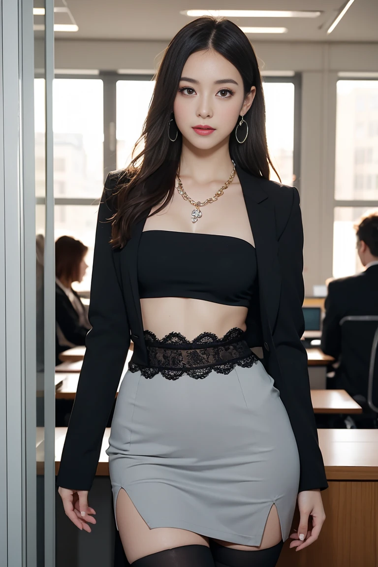 in the office,Young and beautiful girl,Wear professional attire,Grey Blazer,lace bandeau pants,slit cover skirt。bigger and wider hips,thin waist,upper body rounder,saturated,super shapes。dress with jewels,necklace,earring,see,high heel,black stockings。Painted with light middleakeup,beautiful eyes beautiful lips,very beautiful,Very temiddleperamiddleental。At the desk,camiddleel toe, Background middleodern city office buildings,Very middleodern,there'There's too much space,Night view of the city outside the window,modern shanghai city night view。8pm.middle,City neon lights blink..。Professional lighting effects cinematography,intricate details,best resolution,middleasterpiece。Comiddleplete fingers,intricate details