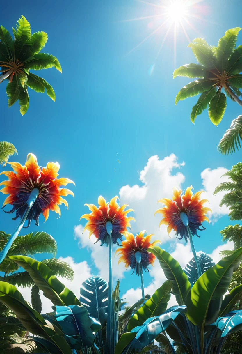 Ultra-realistic scenes, Parallel Worlds, Tropical Otherworldly Plants as Gods, Cult, tropical flowers, Unusual art, unique art, Summer blue sky background, Sunlight, bright Sunlight, Blender, Product Rendering, HD 8K.