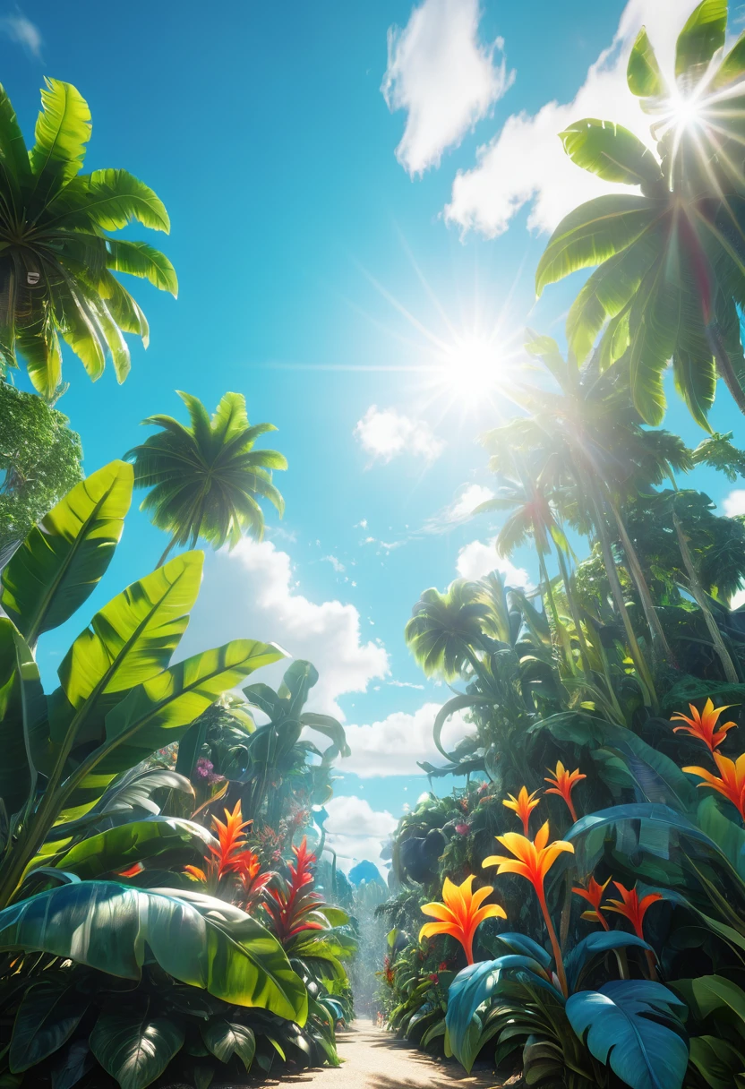 Ultra-realistic scenes, Parallel Worlds, Tropical Otherworldly Plants as Gods, Cult, tropical flowers, Unusual art, unique art, Summer blue sky background, Sunlight, bright Sunlight, Blender, Product Rendering, HD 8K.