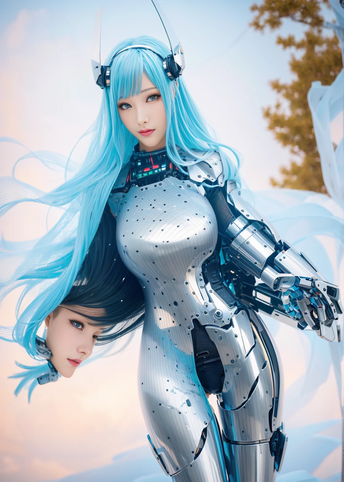 Outstanding，Super Detail, High Detail, high quality, best quality, High resolution，1 female robot，Beautiful female robot,beautiful clear face(Rain waves_haneame：1.5),Mechanical body(Smooth metal surface，armor，Mechanical seams of skin，beautiful body curves)，High-tech mechanical armor(Same color as the picture，Mechanical Technology，Highlight breast contour)