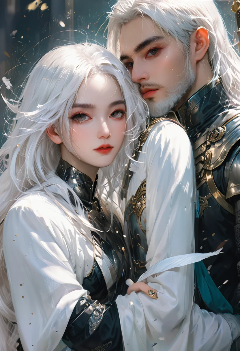 Two people posing for a photo in formal attire, WLOP 和 Sakimichan, Artwork in the style of Guweiz, wlop 和 ross tran, Wlop and Andrei Riabovitchev, neoartcore 和 charlie bowater, Loish et WLOP, Knights and princesses, loish 和 ross tran, White hair
