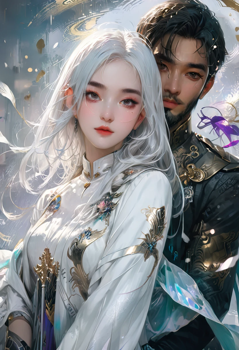 Two people posing for a photo in formal attire, WLOP 和 Sakimichan, Artwork in the style of Guweiz, wlop 和 ross tran, Wlop and Andrei Riabovitchev, neoartcore 和 charlie bowater, Loish et WLOP, Knights and princesses, loish 和 ross tran, White hair