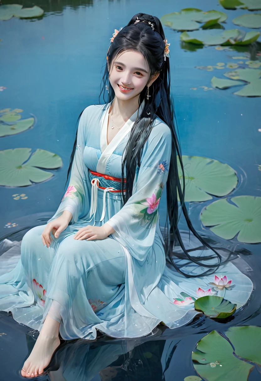 ((4k,masterpiece,best quality)), shuimobysim, traditional chinese ink painting, lotus, hanfu, maxiskit, dress conservatively 1girl, solo, long blue hair, smile, standing, feet in the water, barefoot,