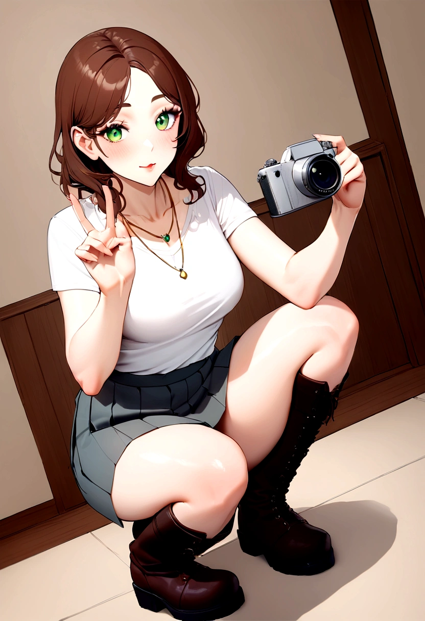 French woman with white t-shirt and necklace., Sexy girl with green eyes, Portrait Sophie Mudd, brown hair and big eyes, selfie of a young woman, camera eye, Violet Myers, without makeup, Natural makeup, looking directly at the camera, artgram face, subtle makeup, Incredible full body photos, Pierced green eyes, beautiful angle, Pants display pose, beautiful, Squatting Legs Open Panty Pull Pose, full body image, full bodyesbian, full body photographed, brunette goddess, high detail, Satisfaction pose, Wear a grey miniskirt and Boots, skirt for him, Boots