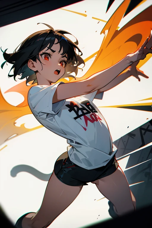 anime style,artistic, masterpiece,best quality, dsuper fine illustration, super detailed, dynamic angle,8k,detailed background,in live stage, (BREAK a female is singing . She is wearing {a white T-shirt with a graffiti art-style cat illustration}.)Break very short hair,flat chest,black hair,red-eyes,dynamic angle,front view,