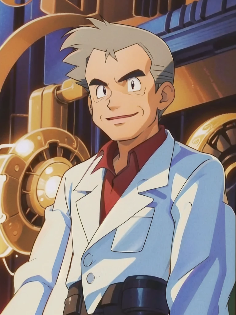 (antiTech, scifi, energy), samuel_oak, upper body, 1man, solo, (extremely detailed CG unity 8k wallpaper), (masterpiece), (best quality), (ultra-detailed), (best illustration), (best shadow), (absurdres) old man, labcoat, red shirt, male,smile