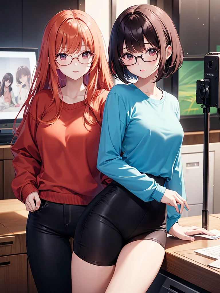 In manhwa art style young adult Korean woman 24s. Her hair is himecut with bangs and ginger color. Her face is oval , which carry a hopefully and cool face. Her skin is radiant and clear, and her lips is red pink. Brown color eyes are captivating and beautiful. She is wearing a black pants and blue long-sleeved and glasses blouse while inside his photographic studio