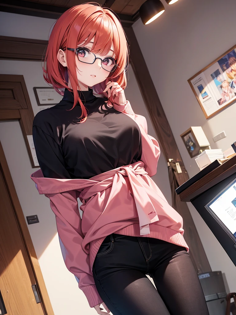 In manhwa art style young adult Korean woman 24s. Her hair is himecut with bangs and ginger color. Her face is oval , which carry a hopefully and cool face. Her skin is radiant and clear, and her lips is red pink. Brown color eyes are captivating and beautiful. She is wearing a black pants and blue long-sleeved and glasses blouse while inside his photographic studio