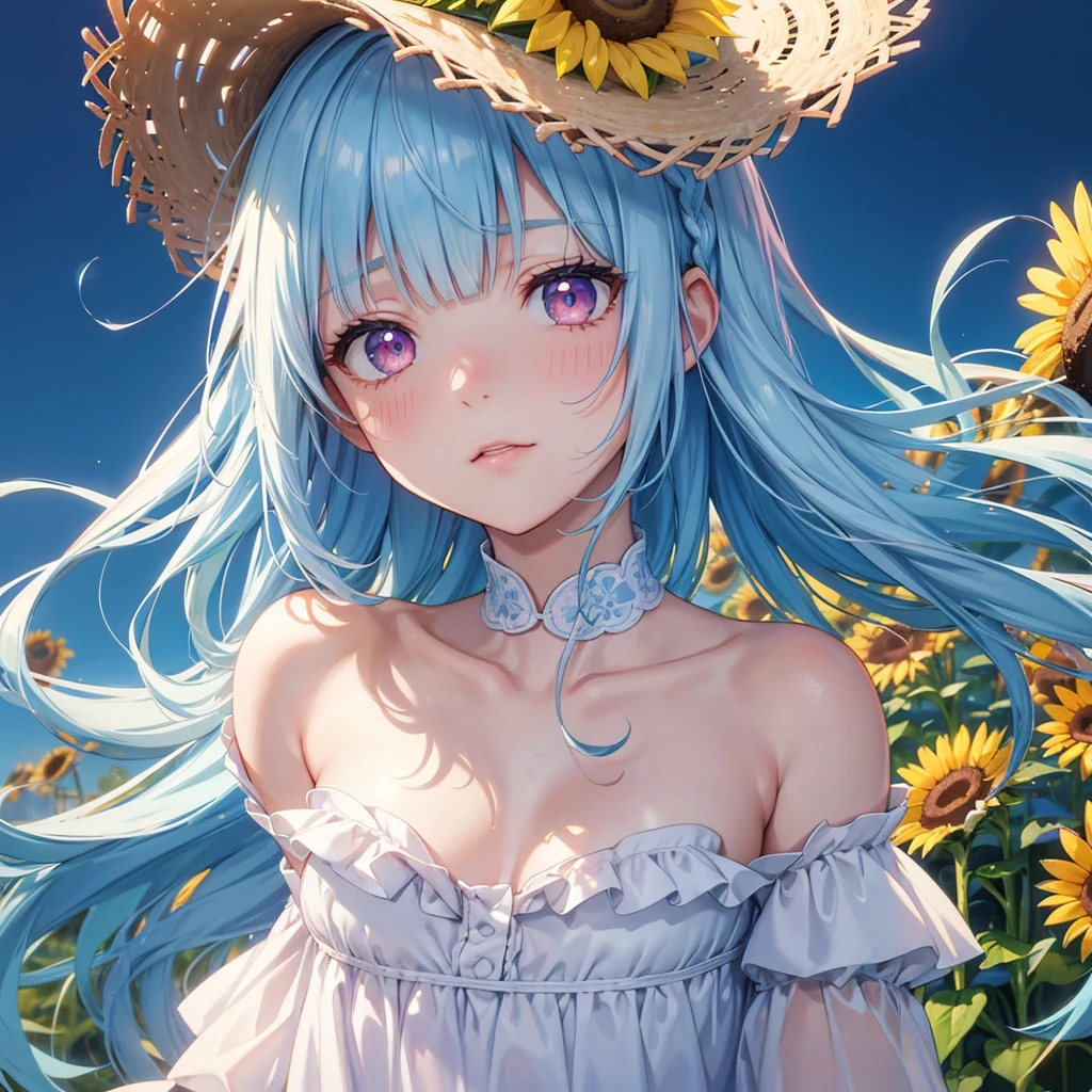 Sky blue hair,braid,(Pink Eyes),Fair skin ,(whole body),(One girl),buzzer,Sunflower field,White dress,blunt bangs,Wiping away sweat,wink,Straw hat,(masterpiece, Highest quality, Very detailed, Best Shadow), (Detailed Background), (Beautifully detailed face), High Contrast, (Best lighting, Very delicate and beautiful), ((Cinematic Light)), colorful, Hyper Detail, Dramatic Light, Intricate details,buzzerの暑い日差し,