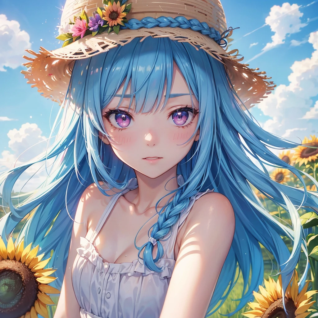 Sky blue hair,braid,(Pink Eyes),Fair skin ,(whole body),(One girl),buzzer,Sunflower field,White dress,blunt bangs,Wiping away sweat,wink,Straw hat,(masterpiece, Highest quality, Very detailed, Best Shadow), (Detailed Background), (Beautifully detailed face), High Contrast, (Best lighting, Very delicate and beautiful), ((Cinematic Light)), colorful, Hyper Detail, Dramatic Light, Intricate details,buzzerの暑い日差し,