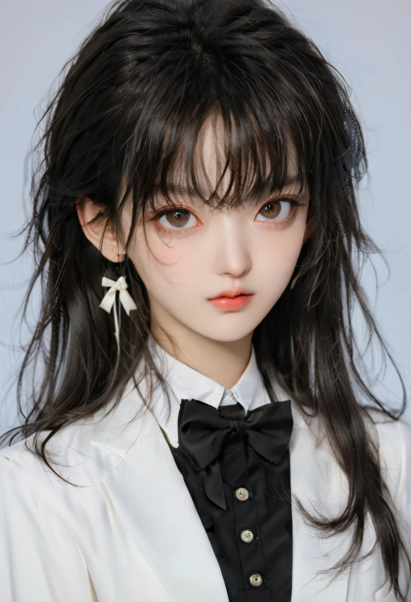 There is a long-haired woman，Wearing a white jacket，Wear a bow tie, Korean Girl, Realistic young anime girl, Chinese Girl, Anime girls in real life, long hair anime girl, White Ji haircut, Cute and natural anime face, Realistic anime 3D style, Beautiful anime girl, With a cute and delicate face, Beautiful anime portrait, Beautiful Korean woman
