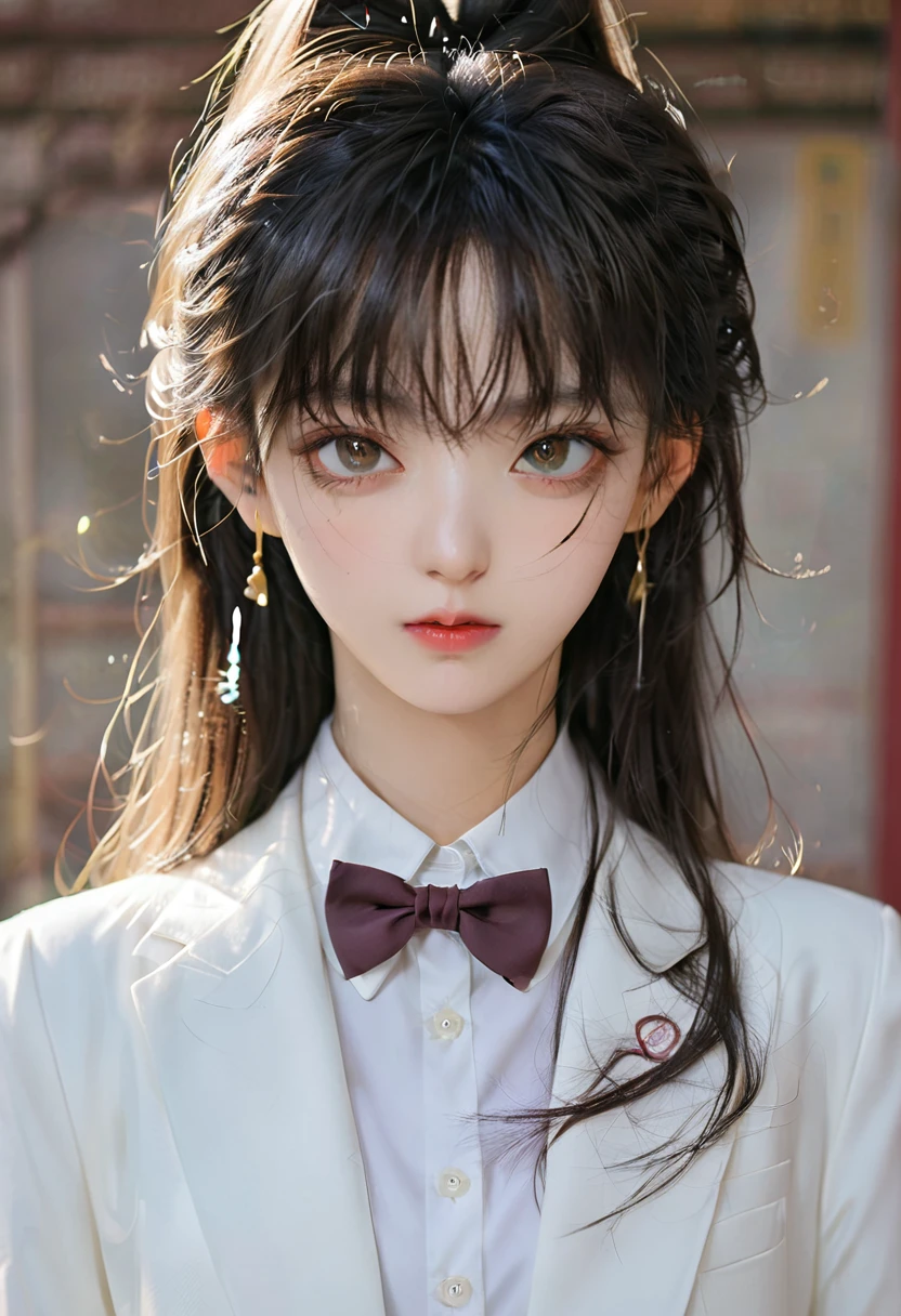 There is a long-haired woman,Wearing a white jacket,Wear a bow tie, Korean Girl, Realistic young anime girl, Chinese Girl, Anime girls in real life, long hair anime girl, White Ji haircut, Cute and natural anime face, Realistic anime 3D style, Beautiful anime girl, With a cute and delicate face, Beautiful anime portrait, Beautiful Korean woman