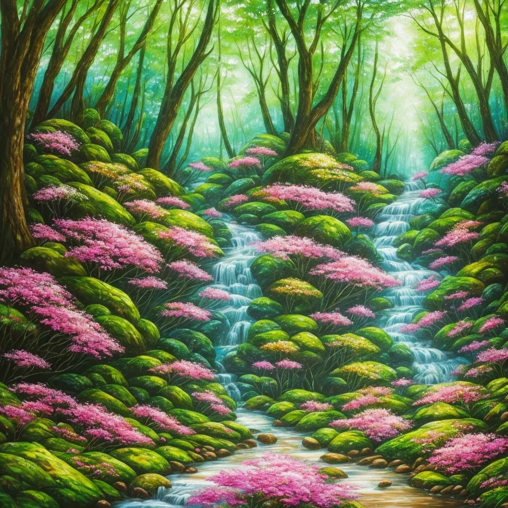 a painting of a forest with flowers and trees, enchanted magical fantasy forest, magic fairy forest, magical fantasy forest, enchanted and magic forest, in a magical forest, fairytale forest, magical forest, very magical and dreamy, fairy forest, magic forest, in the magical forest, fantasy forest, enchanted forest, magical environment, lush fairy forest, magical forest in the background