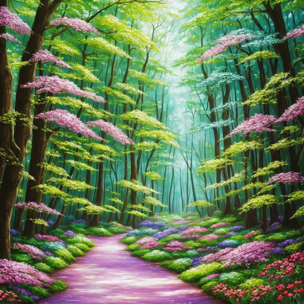 a painting of a forest with flowers and trees, enchanted magical fantasy forest, magic fairy forest, magical fantasy forest, enchanted and magic forest, in a magical forest, fairytale forest, magical forest, very magical and dreamy, fairy forest, magic forest, in the magical forest, fantasy forest, enchanted forest, magical environment, lush fairy forest, magical forest in the background