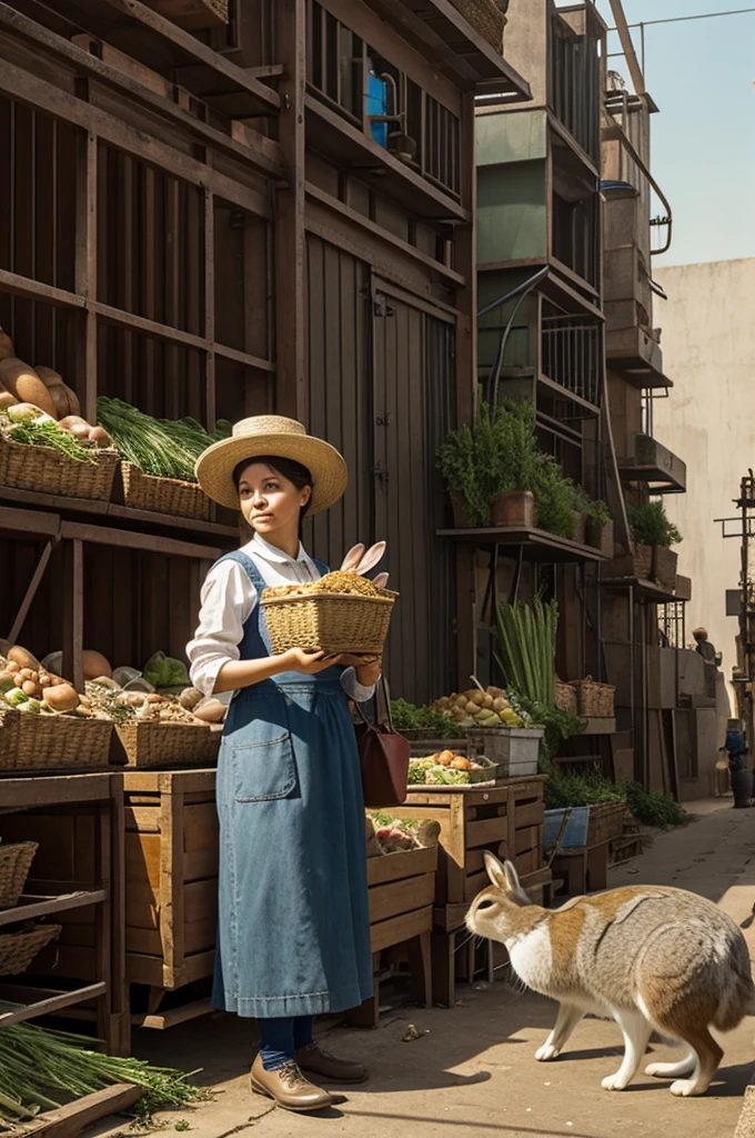 Make an image where there is a lady giving food to a rabbit and behind it there is a very large factory