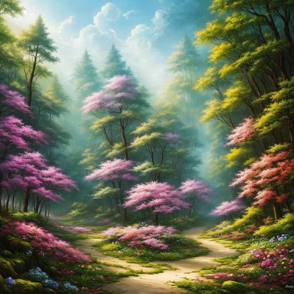 a painting of a forest with flowers and trees, concept art by Arthur Pan, trending on cgsociety, fantasy art, enchanted magical fantasy forest, magic fairy forest, magical fantasy forest, enchanted and magic forest, in a magical forest, fairytale forest, magical forest, very magical and dreamy, fairy forest, magic forest, in the magical forest, fantasy forest