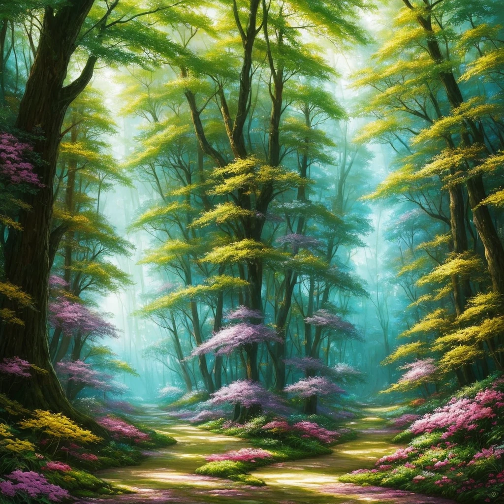 a painting of a forest with flowers and trees, concept art by Arthur Pan, trending on cgsociety, fantasy art, enchanted magical fantasy forest, magic fairy forest, magical fantasy forest, enchanted and magic forest, in a magical forest, fairytale forest, magical forest, very magical and dreamy, fairy forest, magic forest, in the magical forest, fantasy forest