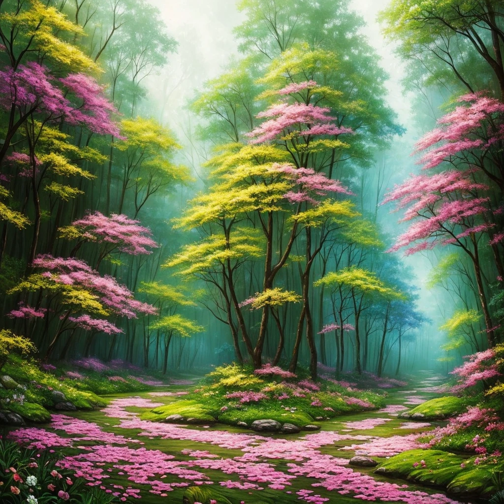a painting of a forest with flowers and trees, concept art by Arthur Pan, trending on cgsociety, fantasy art, enchanted magical fantasy forest, magic fairy forest, magical fantasy forest, enchanted and magic forest, in a magical forest, fairytale forest, magical forest, very magical and dreamy, fairy forest, magic forest, in the magical forest, fantasy forest